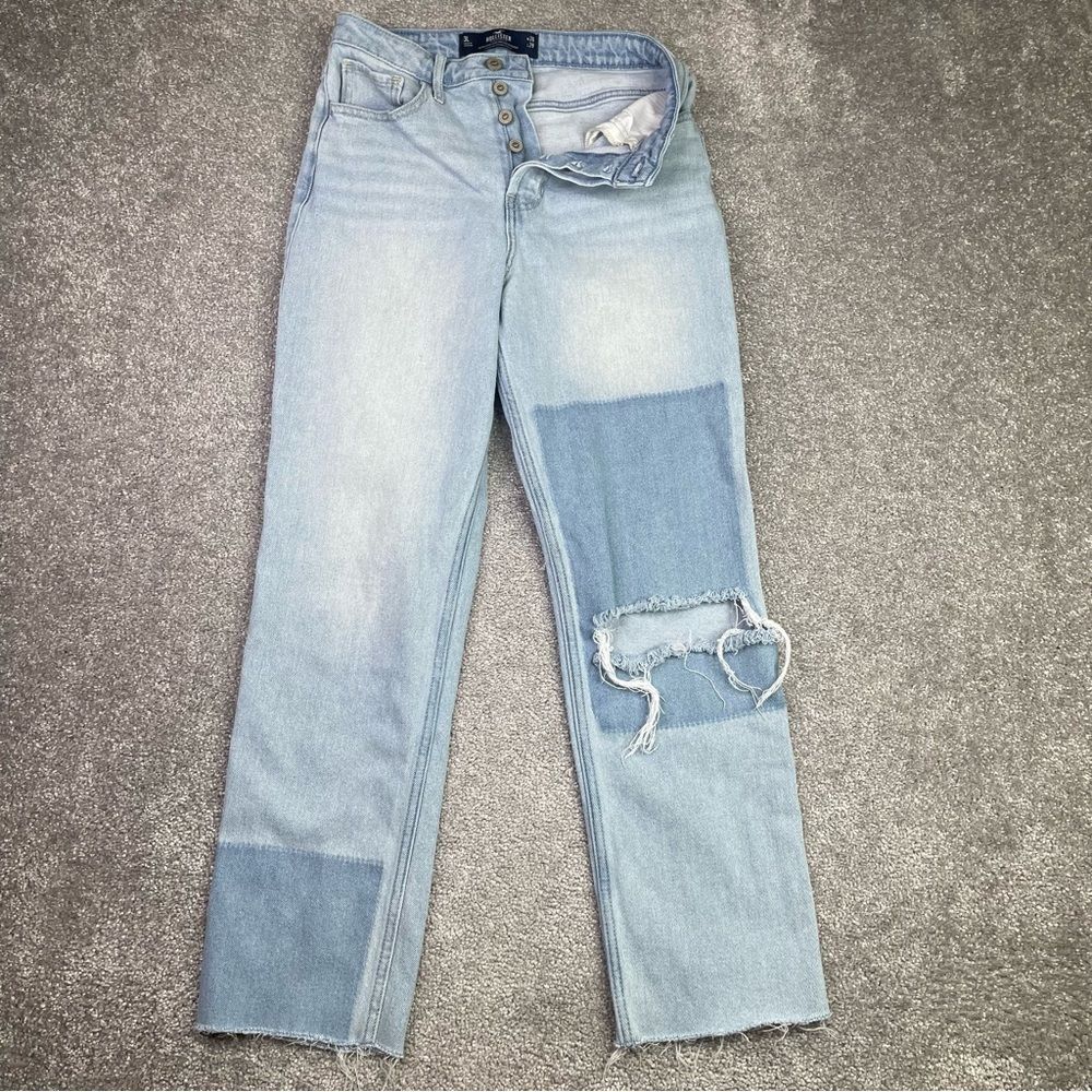 Hollister Jeans Women's 26 Blue Straight High Rise Light Wash Button Fly Ripped